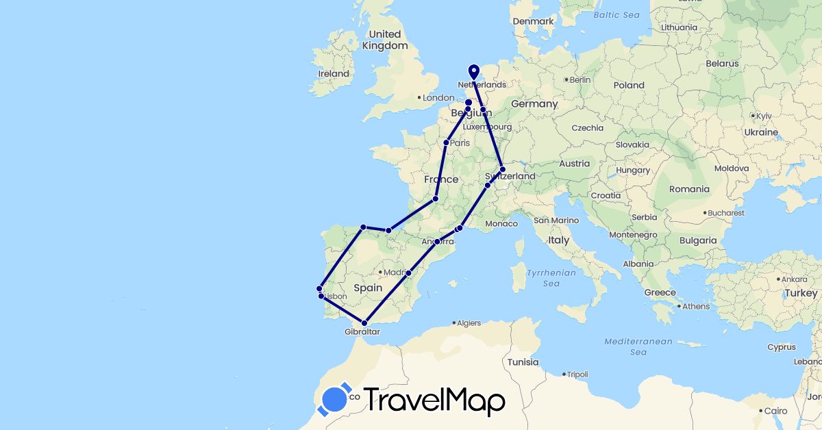 TravelMap itinerary: driving in Andorra, Belgium, Switzerland, Spain, France, Netherlands, Portugal (Europe)